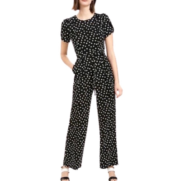 Calvin Klein Tulip Puff Sleeve Polka Dot Wide Leg Belted Knit Jumpsuit Size 4 - Picture 1 of 7